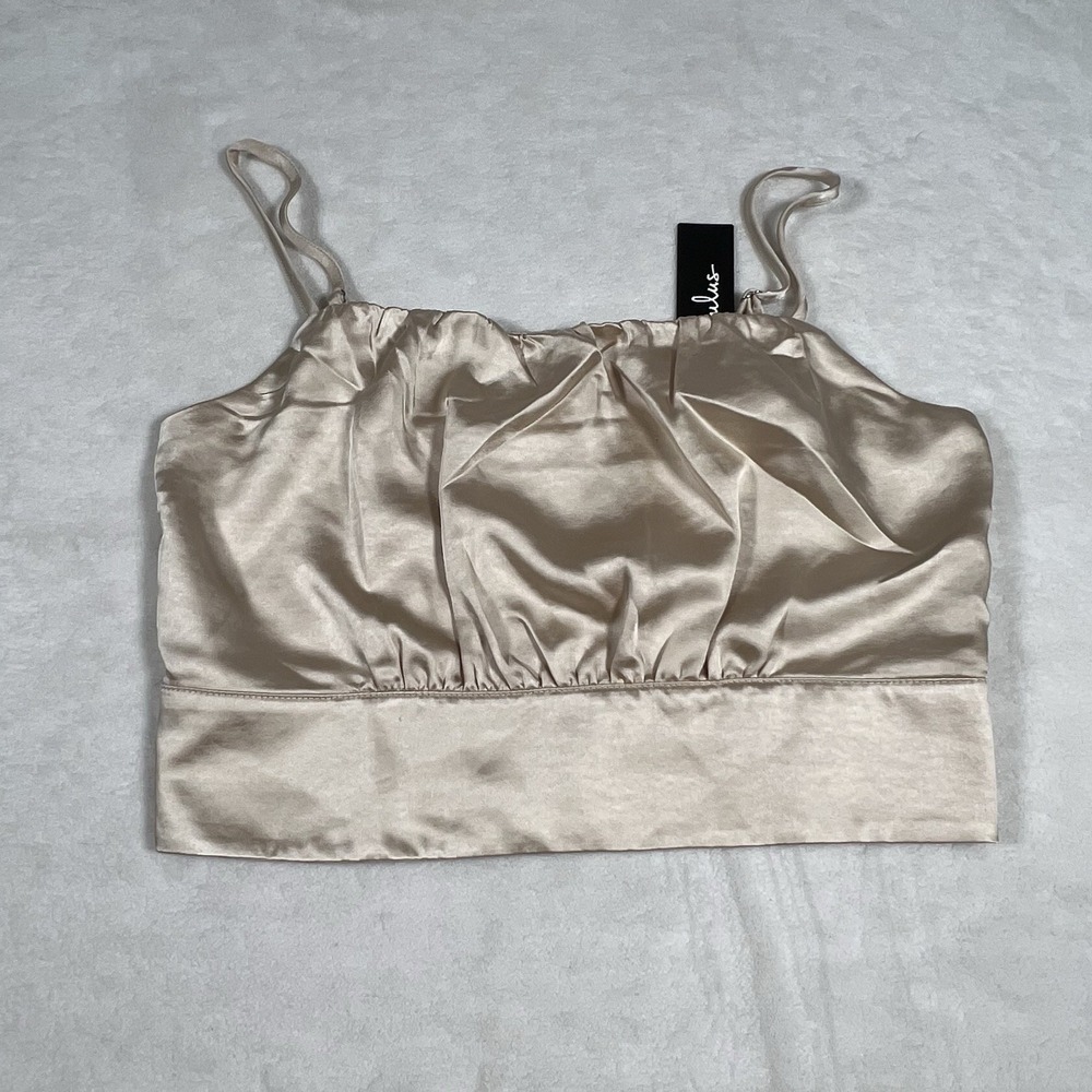 Lulus Large Womens Tank Crop Top Luxe'd Out Taupe Satiny‎ Blouse New